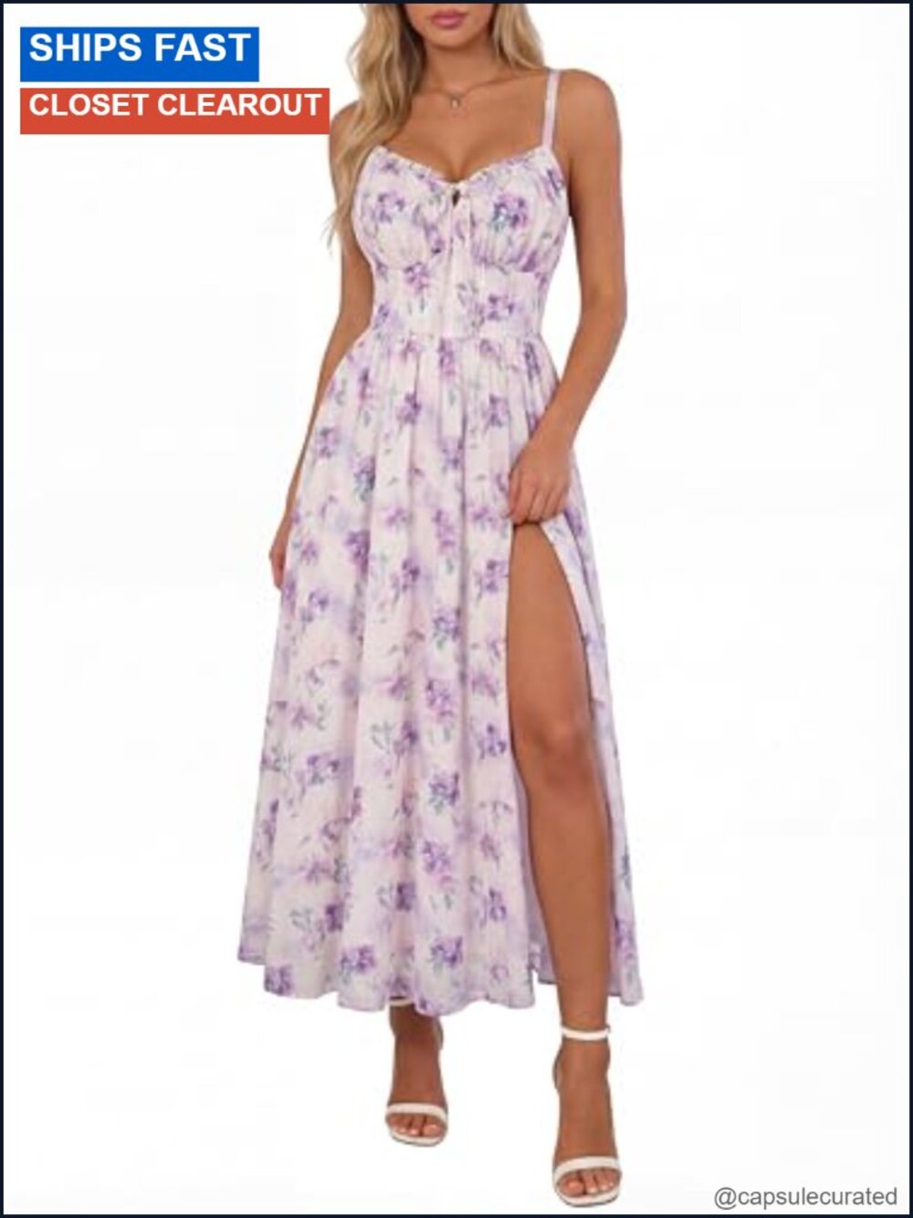 Floral Corset Midi Dress Wedding Guest Smocked Back Slit